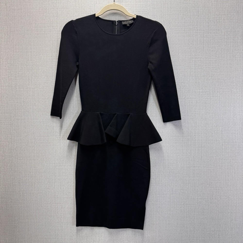 Ted Baker Jamnie Peplum Dress Women Size 1 Black Ribbed Knit 3/4 Sleeve Elegant